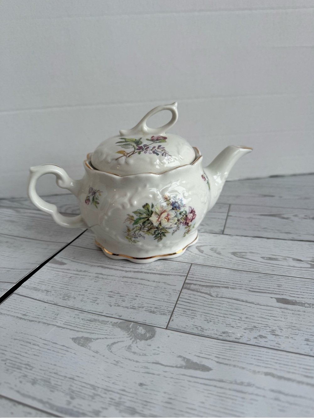 White Porcelain Floral Teapot with Gold Trim